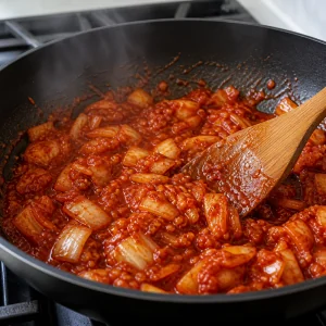 Kimchi wird mit Gochujang und Kimchi-Saft zu einer glänzenden Saucenbasis vermischt.
