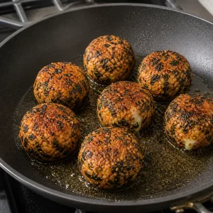 Mit Algen überzogene Kimchi-Reisbällchen werden in der Pfanne knusprig angebraten.