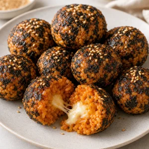 Warme knusprige Kimchi-Reisbällchen mit geröstetem Sesam und geschmolzener Mozzarella innen.