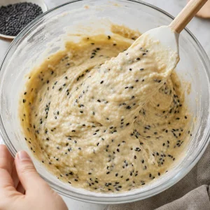 Semi di sesamo nero incorporati in una pastella densa per waffle al mochi e cocco.