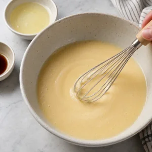 Latte di cocco, uovo, olio di cocco fuso e vaniglia sbattuti fino a ottenere un composto liscio.
