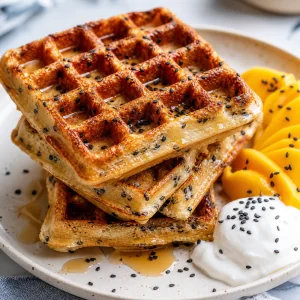 Crispy mochi coconut waffles with toasted black sesame served with mango and coconut cream.