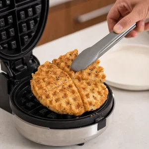 Waffle al mochi dorato sollevato dalla piastra ancora caldo.