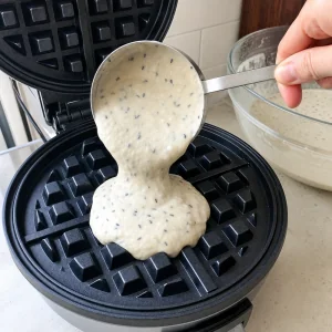 Pastella per waffle al mochi con sesamo versata al centro della piastra calda.