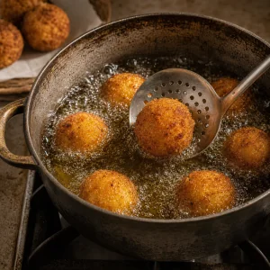Boulettes de pommes de terre panees fritant dans une huile bouillonnante