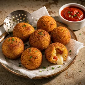 Boulettes de pommes de terre dorees egouttees sur papier avec sauce marinara