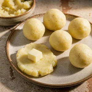 Portions de puree de pommes de terre autour de cubes de mozzarella