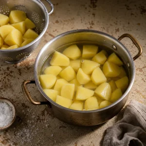 Morceaux de pommes de terre pelees dans une casserole d eau salee