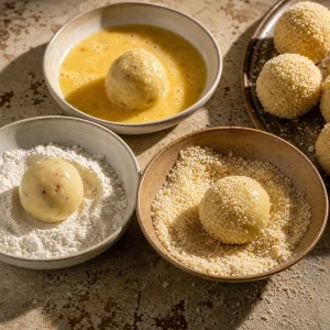 Boulettes de pommes de terre farcies enrobees de farine, oeuf et panko