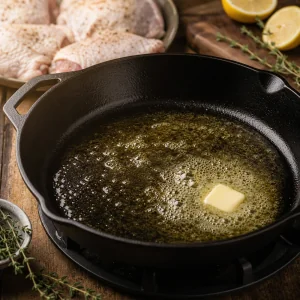 Butter schmilzt in schimmerndem Oel in einer Gusseisenpfanne