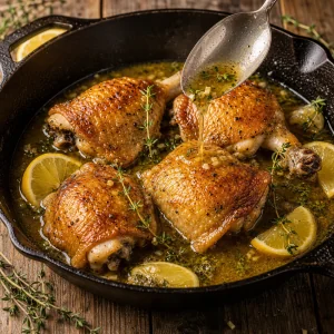 Knusprige Haehnchenschenkel mit Zitronen-Kraeuter-Weinsauce ueberloeffelt