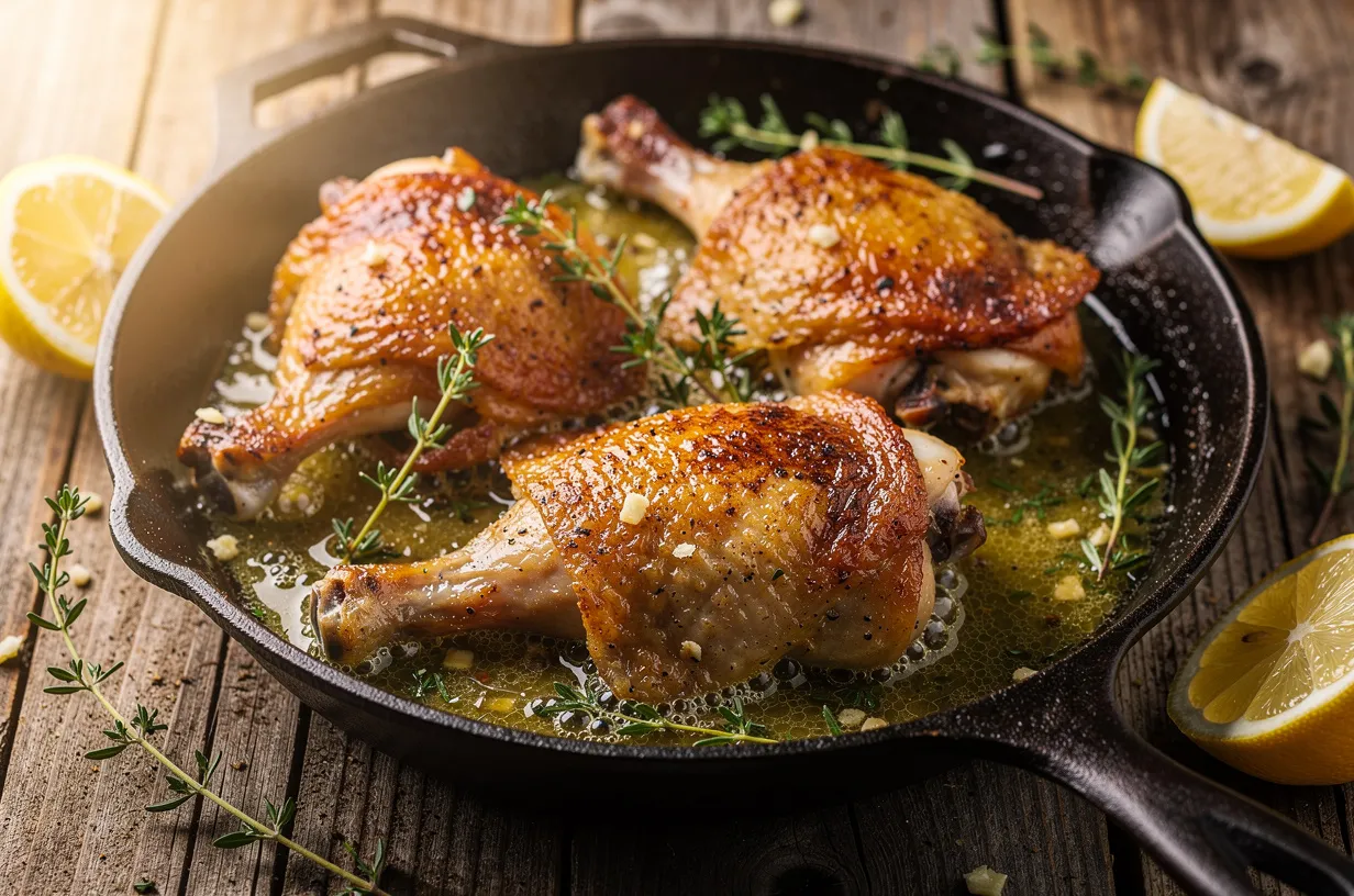 Crispy Pan-Roasted Lemon Herb Chicken Thighs with Wine