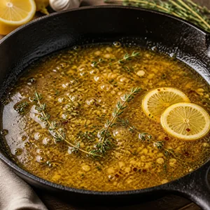 Zitronen-Thymian-Pfannensauce koechelt in einer Gusseisenpfanne
