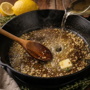 Weisswein loest Knoblauch und braune Roeststoffe in der Pfanne