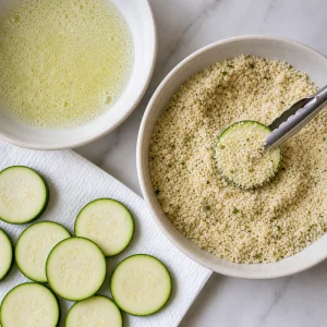 Zucchini round being coated in Parmesan panko crumbs