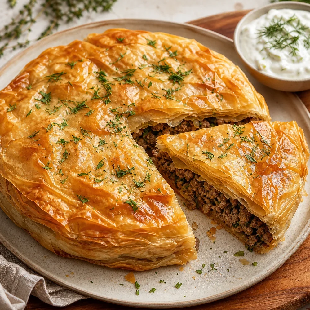 Finished crispy phyllo meat pie with ground beef herbs and yogurt sauce