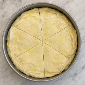 Unbaked phyllo meat pie brushed with butter and scored into wedges