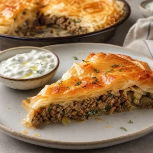 Warm slice of crispy phyllo meat pie served with yogurt sauce