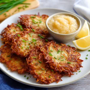 Latkes de batata crocantes com puré de maçã, cebolinho e limão