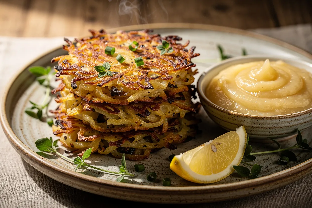 Crispy Potato Latkes with Applesauce and Herbs for Hanukkah