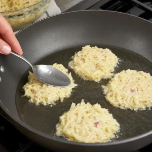 Colheradas de massa de latkes achatadas em óleo quente