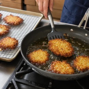 Latkes de batata fritos até ficarem dourados e crocantes antes de escorrer