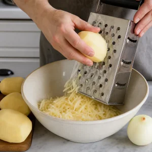 Batatas e cebola raladas numa tigela para latkes crocantes
