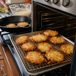 Latkes crocantes mantidos quentes numa grelha em forno baixo