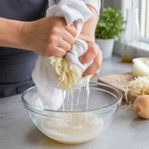 Batata e cebola raladas espremidas num pano para remover o líquido