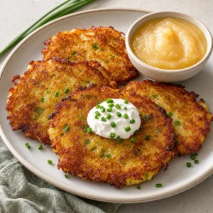 Crispy potato pancakes served with sour cream and applesauce