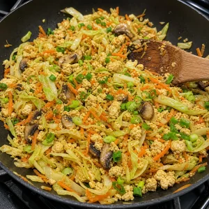 Cabbage, carrot, mushrooms, scallions, and tofu cooking in a skillet