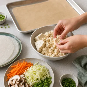 Crumbled tofu beside a parchment-lined baking sheet