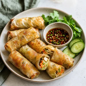 Finished crispy rice paper rolls with dipping sauce