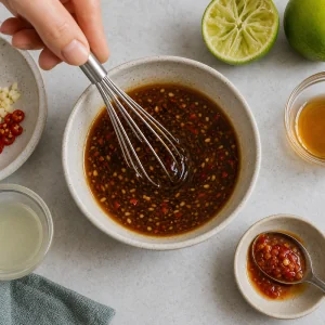Lime soy chili dipping sauce in a small bowl