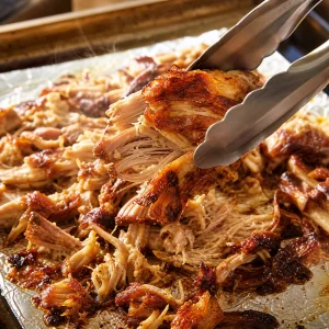 Uebergrillte gezupfte Schweine-Carnitas mit goldbraunen knusprigen Raendern