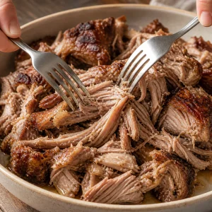 Gegartes Schweinefleisch wird mit zwei Gabeln grob zerrupft