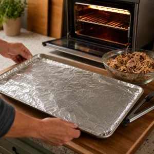 Mit Folie ausgelegtes Backblech bereit unter dem heissen Grill fuer Carnitas