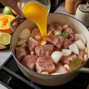 Gewuerztes Schweinefleisch im Schmortopf mit Zwiebel, Knoblauch, Zitrussaft und Lorbeer