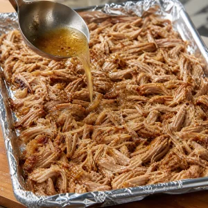 Gezupftes Schweinefleisch auf Folie verteilt und vor dem Grillen mit Sud betraeufelt