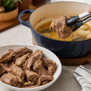 Zartes Schweinefleisch wird vor dem Entfernen der Aromaten aus dem Sud gehoben