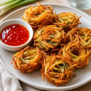 Crispy vegetable bird's nests served with sweet chili sauce.