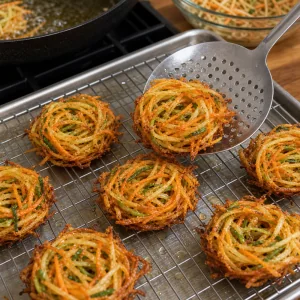 Goldbraun frittierte Gemuesenester tropfen auf einem Gitter ab.