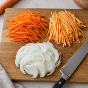 Julienne aus Karotten und Suesskartoffel mit Zwiebelscheiben auf einem Brett.