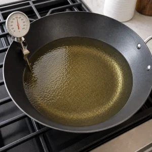 Pflanzenoel erhitzt sich vor dem Frittieren in einem Wok mit Thermometer.