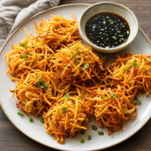 Finished crispy vegetable bird's nests with sweet soy dipping sauce on a plate