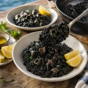 Black risotto spooned into bowls with lemon wedges