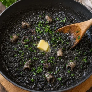 Butter and parsley finishing the black risotto in the pan