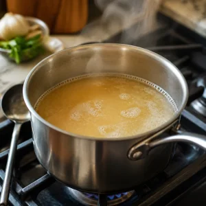 Seafood stock simmering in a small saucepan