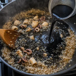 Squid ink stock being poured into rice and cuttlefish