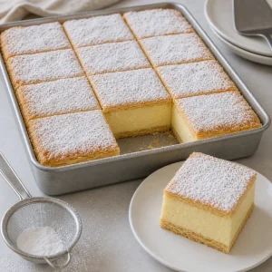 Chilled Kremšnita dusted with powdered sugar and cut into slices